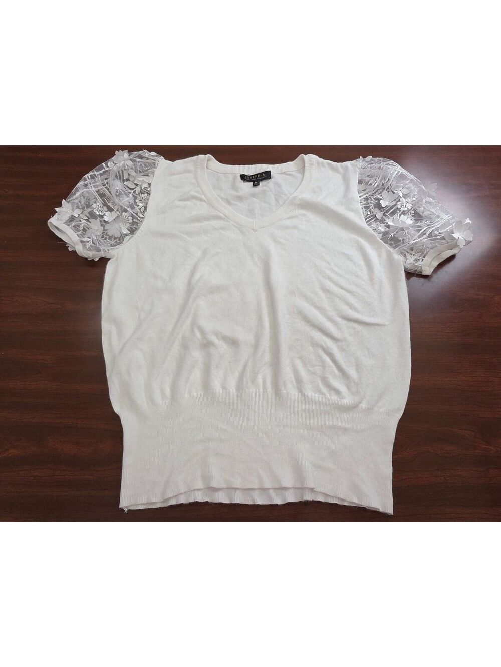 Joseph A Ivory White Lace Sleeve Sweater Medium Floral Sheer Knit Coquette Chic